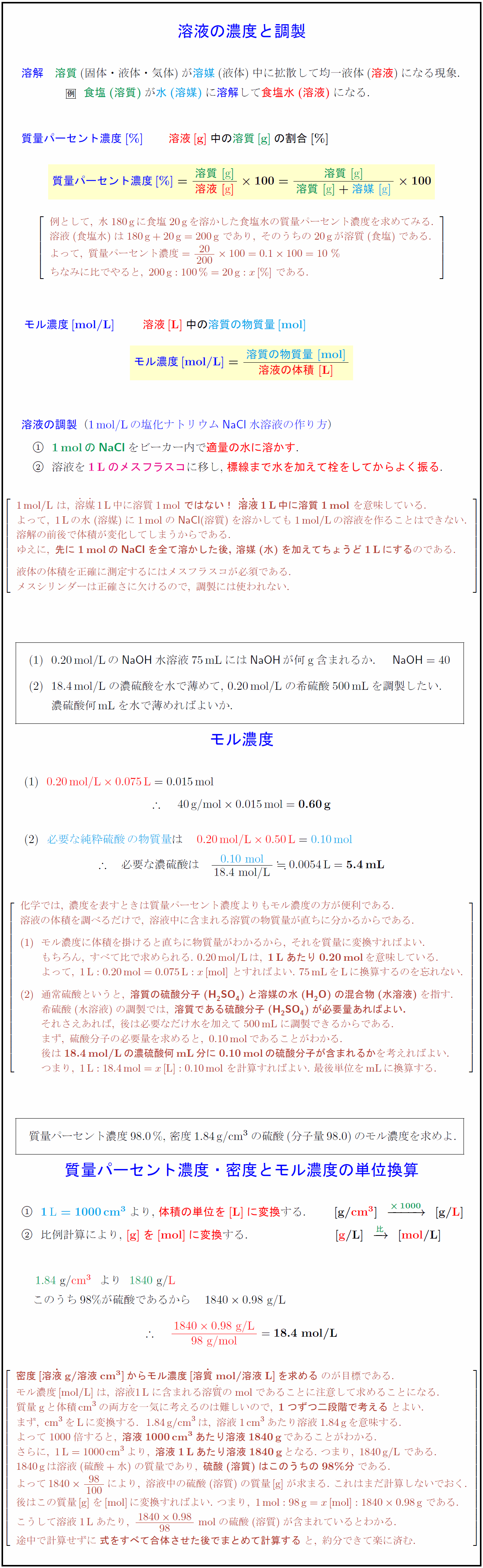 高校理論化学 溶液の濃度と調製 質量パーセント濃度 密度とモル濃度の単位換算 受験の月