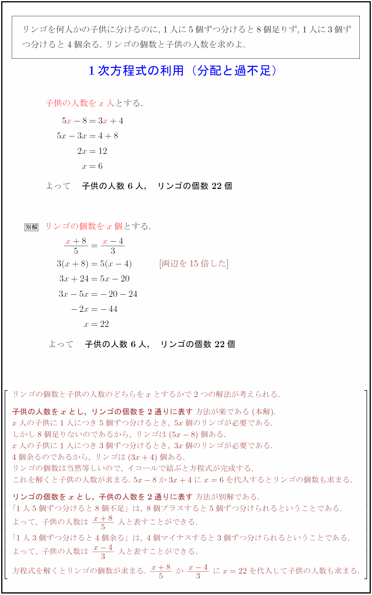 中学数学1年 1次方程式の利用 分配と過不足 受験の月