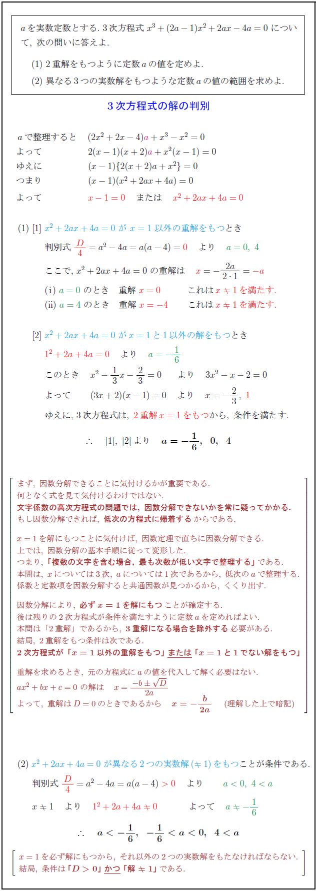 高校数学 文字係数3次方程式が2重解 異なる3実数解をもつ条件
