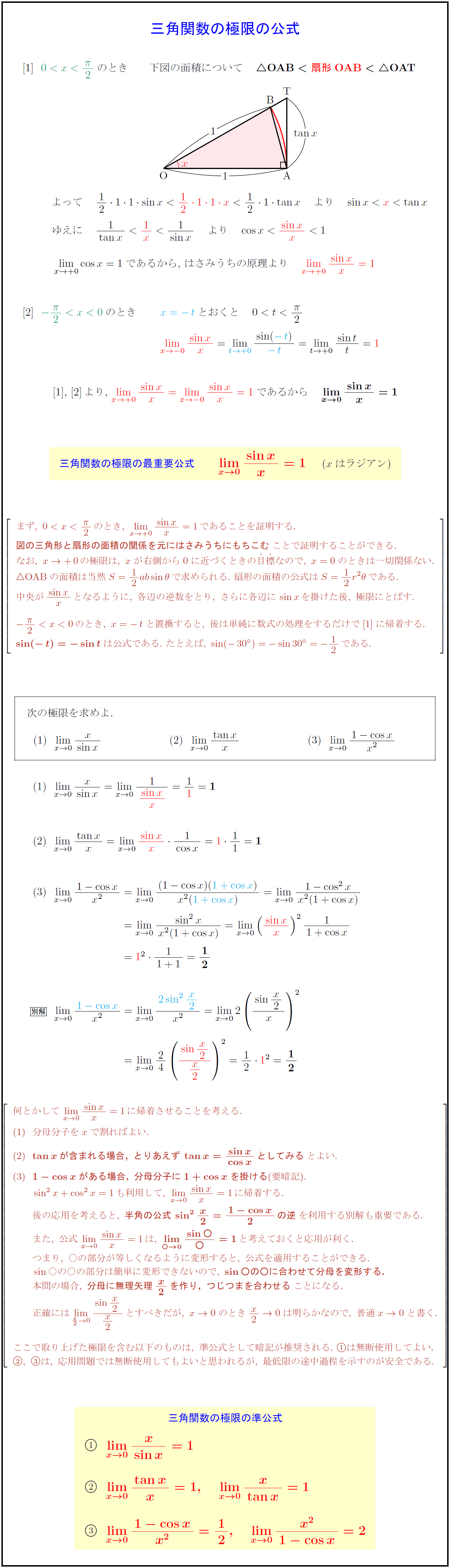 高校数学 関数の極限 三角関数の極限の公式 Lim Sinx X 1 Lim Tanx X 1 Lim 1 Cosx X 1 2 受験の月