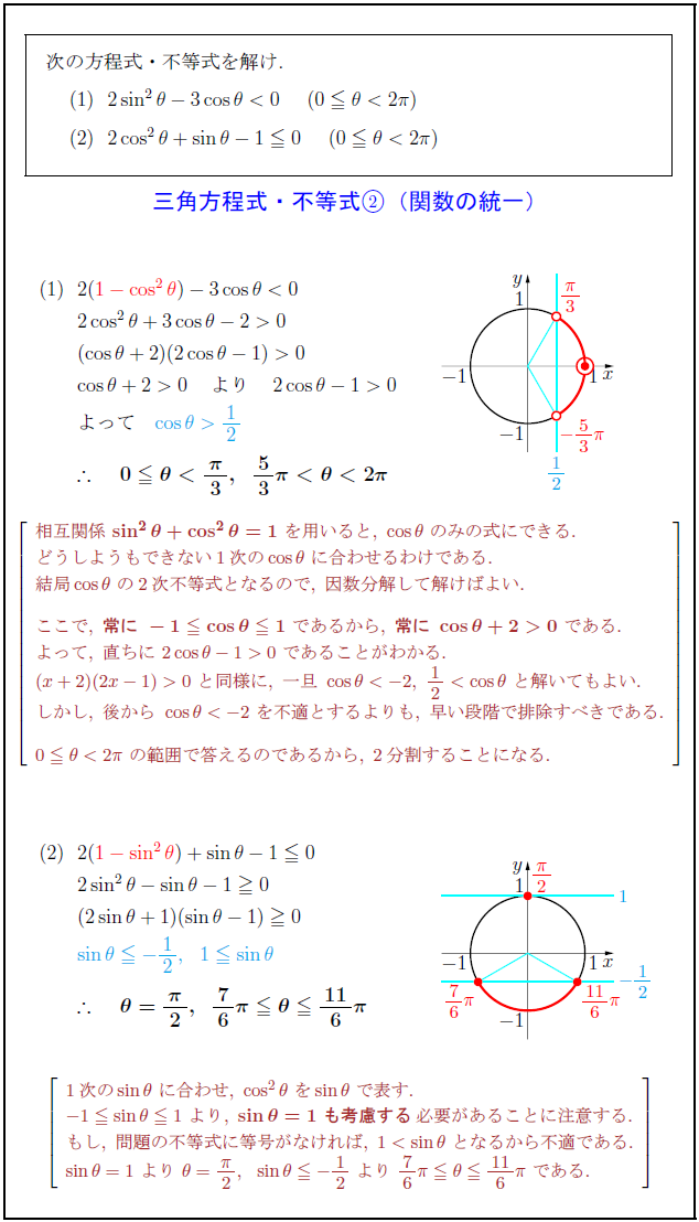 【高校数学Ⅱ】三角方程式・不等式②（三角関数の相互関係による関数の統一） 受験の月